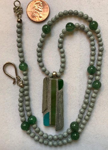 Natural stone and stained glass pendant, 1 3/4" x 1/2", with feldspar and jade bead necklace, 22" $45